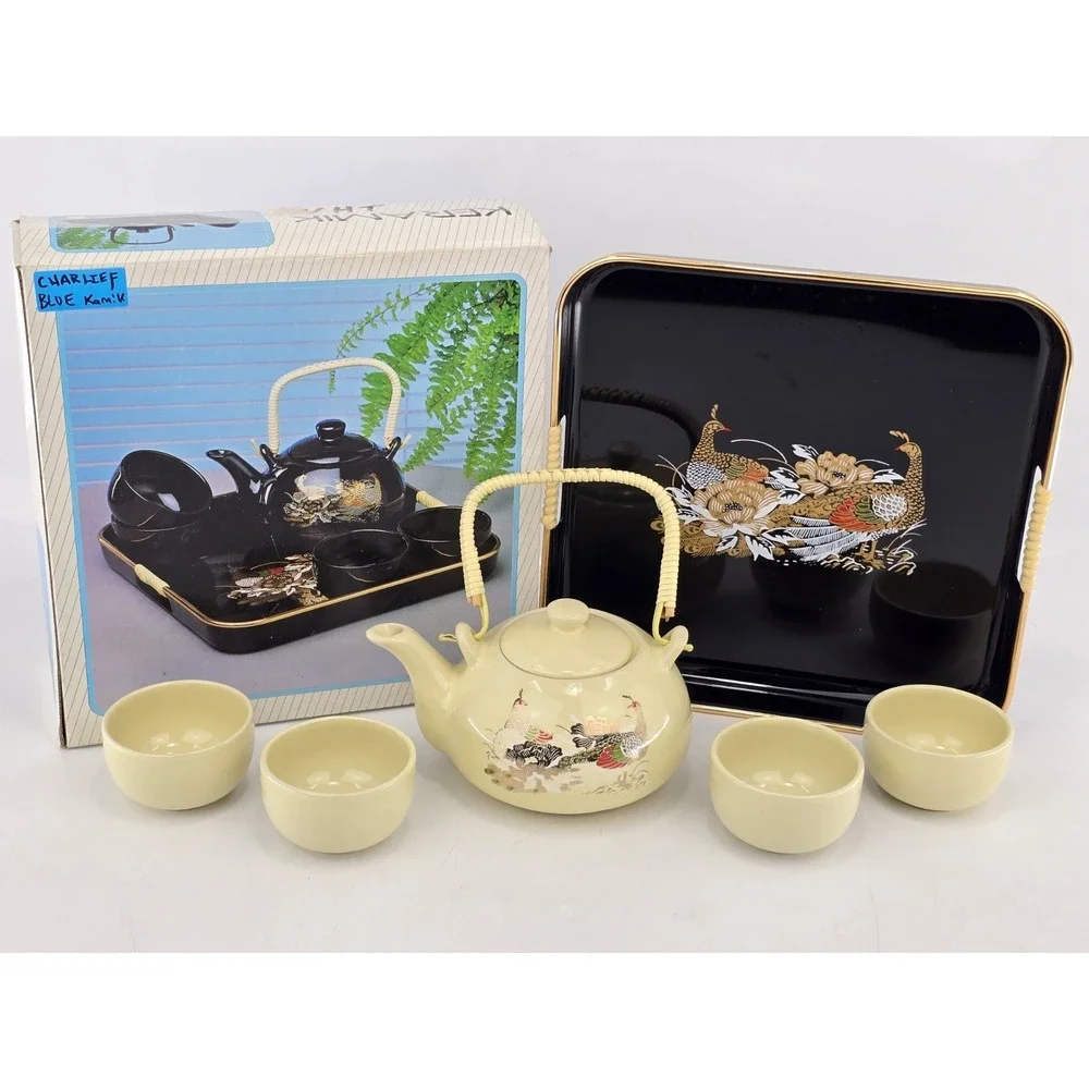 Vintage Keramik Tea Set Teapot + 4 handleless Cups Teaset/Saki, New In Box White